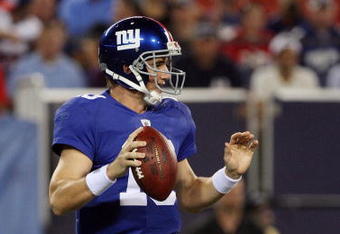 EAST RUTHERFORD, NJ - AUGUST 17:  Eli Manning #10 of the New York Giants looks to pass against the Carolina Panthers on August 17, 2009 at Giants Stadium in East Rutherford, New Jersey. The Giants defeated the Panthers 24-17.  (Photo by Jim McIsaac/Getty Images)