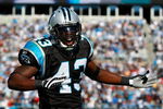 CHARLOTTE, NC - OCTOBER 19:  Safety Chris Harris #43 of the Carolina Panthers reacts after a fourth down stop against the New Orleans Saints during the game at Bank of America Stadium on October 19, 2008 in Charlotte, North Carolina.  (Photo by Kevin C. Cox/Getty Images)