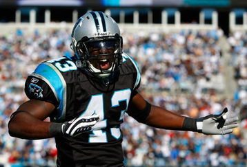 CHARLOTTE, NC - OCTOBER 19:  Safety Chris Harris #43 of the Carolina Panthers reacts after a fourth down stop against the New Orleans Saints during the game at Bank of America Stadium on October 19, 2008 in Charlotte, North Carolina.  (Photo by Kevin C. Cox/Getty Images)