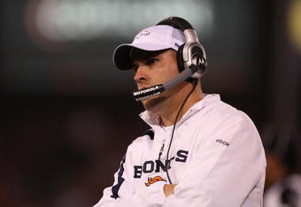 SAN FRANCISCO - AUGUST 14:  Head coach Josh McDaniels of the Denver Broncos looks on against the San Francisco 49ers during the preseason game on August 14, 2009 at Candlestick Park in San Francisco, California.  (Photo by Jed Jacobsohn/Getty Images)
