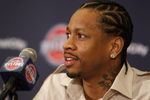 AUBURN HILLS, MI - NOVEMBER 04:  Allen Iverson #1 of the Detroit Pistons is introduced at press conference after being traded from the Denver Nuggets on November 4, 2008 at the Palace of Auburn Hills in Auburn Hills, Michigan. NOTE TO USER: User expressly acknowledges and agrees that, by downloading and or using this photograph, User is consenting to the terms and conditions of the Getty Images License Agreement.  (Photo by Gregory Shamus/Getty Images)