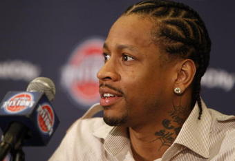 AUBURN HILLS, MI - NOVEMBER 04:  Allen Iverson #1 of the Detroit Pistons is introduced at press conference after being traded from the Denver Nuggets on November 4, 2008 at the Palace of Auburn Hills in Auburn Hills, Michigan. NOTE TO USER: User expressly acknowledges and agrees that, by downloading and or using this photograph, User is consenting to the terms and conditions of the Getty Images License Agreement.  (Photo by Gregory Shamus/Getty Images)