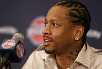 AUBURN HILLS, MI - NOVEMBER 04:  Allen Iverson #1 of the Detroit Pistons is introduced at press conference after being traded from the Denver Nuggets on November 4, 2008 at the Palace of Auburn Hills in Auburn Hills, Michigan. NOTE TO USER: User expressly acknowledges and agrees that, by downloading and or using this photograph, User is consenting to the terms and conditions of the Getty Images License Agreement.  (Photo by Gregory Shamus/Getty Images)