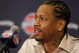 AUBURN HILLS, MI - NOVEMBER 04:  Allen Iverson #1 of the Detroit Pistons is introduced at press conference after being traded from the Denver Nuggets on November 4, 2008 at the Palace of Auburn Hills in Auburn Hills, Michigan. NOTE TO USER: User expressly acknowledges and agrees that, by downloading and or using this photograph, User is consenting to the terms and conditions of the Getty Images License Agreement.  (Photo by Gregory Shamus/Getty Images)