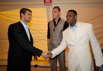 LOS ANGELES, CA - JULY 15:  (L-R) Olympic gold medalist swimmer Michael Phelps NBA player Blake Griffin and NFL player Michael Crabtree arrive at the 2009 ESPY Awards held at Nokia Theatre LA Live on July 15, 2009 in Los Angeles, California. The 17th annual ESPYs will air on Sunday, July 19 at 9PM ET on ESPN.  (Photo by Kevork Djansezian/Getty Images for ESPY)