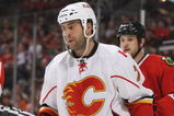 CHICAGO - APRIL 25: Todd Bertuzzi #7 of the Calgary Flames has words with the Chicago Blackhawks during Game Five of the Western Conference Quarterfinals of the 2009 Stanley Cup Playoffs on April 25, 2009 at the United Center in Chicago, Illinois. (Photo by Jonathan Daniel/Getty Images)