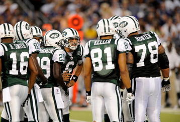 BALTIMORE - AUGUST 24:  Mark Sanchez #6 of the New York Jets talks to teammates in the huddle during a preseason game against the Baltimore Ravens at M&T Bank Stadium on August 24, 2009 in Baltimore, Maryland.  (Photo by Greg Fiume/Getty Images)