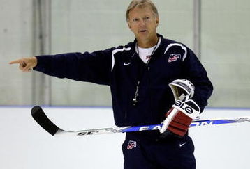 WOODRIDGE, IL - AUGUST 17:  Head coach Ron Wilson runs drills during the USA Olympic Men's Ice Hockey Orientation Camp on August 17, 2009 at Seven Bridges Ice Arena in Woodridge, Illinois.  (Photo by Jamie Squire/Getty Images)