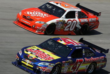 DOVER, DE - MAY 31: Marcos Ambrose, driver of the #47 RaceSavers.com Toyota, races with Joey Logano, driver of the #20 Home Depot Toyota, during the NASCAR Sprint Cup Series Autism Speaks 400 at Dover International Speedway on May 31, 2009 in Dover, Delaware.  (Photo by Jerry Markland/Getty Images for NASCAR)