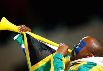 BLOEMFONTEIN, SOUTH AFRICA - JUNE 20:  A South African fan blows a vuvuzela during the FIFA Confederations Cup match between Spain and South Africa at Free State Stadium on June 20, 2009 in Bloemfontein, South Africa.  (Photo by Laurence Griffiths/Getty Images)