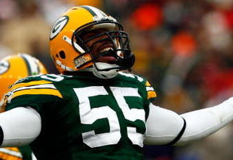 GREEN BAY, WI - DECEMBER 07:  Desmond Bishop #55 of the Green Bay Packers celebrates after recording a sack against the Houston Texans during the second quarter at Lambeau Field on December 7, 2008 in Green Bay, Wisconsin. The Texans defeated the Packers 24-21.  (Photo by Jeff Gross/Getty Images)