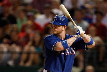 ARLINGTON, TX - JULY 17:  First baseman Hank Blalock #9 of the Texas Rangers on July 17, 2009 at Rangers Ballpark in Arlington, Texas.  (Photo by Ronald Martinez/Getty Images)