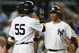 NEW YORK - AUGUST 26: Jorge Posada #20 of the New York Yankees celebrates his three run homer with team mate Hideki Matsui #55 in the second inning against the Texas Rangers during their game on August 26, 2009 at Yankee Stadium in the Bronx borough of New York City. (Photo by Chris McGrath/Getty Images)
