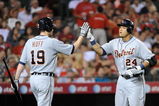 ANAHEIM, CA - AUGUST 25: Miguel Cabrera #24 of the Detroit Tigers celebrates his solo homerun with Aubrey Huff #19 to tie the game 3-3 during the fifth inning at Angel Stadium of Anaheim on August 25, 2009 in Anaheim, California.  (Photo by Harry How/Getty Images)