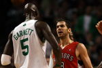 BOSTON - NOVEMBER 10:  Jose Calderon #8 of the Toronto Raptors and Kevin Garnett #5 of the Boston Celtics exchange words on November 10,  2008 at TD Banknorth Garden in Boston, Massachusetts. The Celtics defeated the Toronto Raptors 94-87.  NOTE TO USER: User expressly acknowledges and agrees that, by downloading and/or using this Photograph, user is consenting to the terms and conditions of the Getty Images License Agreement.  (Photo by Elsa/Getty Images)