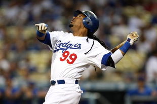 LOS ANGELES - AUGUST 21: Manny Ramirez #99 of the Los Angeles Dodgers flies out in the first inning against the Chicago Cubs on August 21, 2009 at Dodger Stadium in Los Angeles, California.    (Photo by Stephen Dunn/Getty Images)