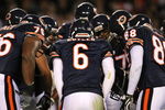 CHICAGO - AUGUST 22: Jay Cutler #6 of the Chicago Bear calls a play in the huddle during a pre-season game against the New York Giants on August 22, 2009 at Soldier Field in Chicago, Illinois. The Bears defeated the Giants 17-3. (Photo by Jonathan Daniel/Getty Images)