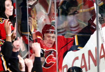 CALGARY, AB - APRIL 22:  Olli Jokinen #21 of the Calgary Flames celebrates his second goal of the second period against the Chicago Blackhawks  during Game Four of the Western Conference Quarterfinals of the 2009 Stanley Cup Playoffs on April 22, 2009 at the Pengrowth Saddledome in Calgary, Alberta, Canada. (Photo by Mike Ridewood/Getty Images)