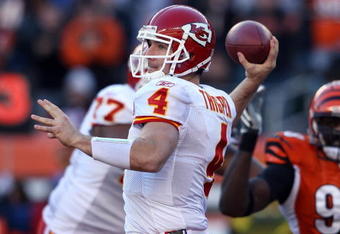 CINCINNATI - DECEMBER 28: Tyler Thigpen #4 of the Kansas City Chiefs throws a pass against the Cincinnati Bengals during the NFL game on December 28, 2008 at Paul Brown Stadium in Cincinnati, Ohio. (Photo by Andy Lyons/Getty Images)