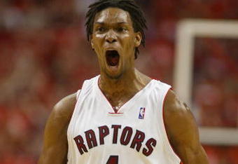 TORONTO,ON - APRIL 24:  Chris Bosh #4 of the Toronto Raptors shows his excitment against the Orlando Magic in Game 3 of the Eastern Conference Quarterfinals on April 24, 2008 at the Air Canada Centre in Toronto, Ontario. The Raptors defeated the Magic 108-94. (Photo by Claus Andersen/Getty Images)