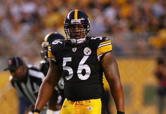 PITTSBURGH - AUGUST 13:  LaMarr Woodley #56 of the Pittsburgh Steelers stands on the field during the preseason NFL game against the Arizona Cardinals at Heinz Field on August 13, 2009 in Pittsburgh, Pennsylvania.  The Steelers won 20-10.  (Photo by Rick Stewart/Getty Images)