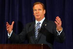 NEW YORK - JULY 27:  NFL Commissioner Roger Goodell answers questions from the media after reinstating Michael Vick on a conditional basis on July 27, 2009 at the InterContinental Hotel in New York City.  (Photo by Mike Stobe/Getty Images)