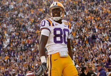 BATON ROUGE, LA - NOVEMBER 22:  Terrance Toliver #80 of the Louisiana State University Tigers celebrates after a touchdown against the Ole Miss Rebels on November 22, 2008 at Tiger Stadium in Baton Rouge, Louisiana.  (Photo by Chris Graythen/Getty Images)