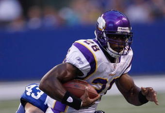 INDIANAPOLIS, IN - AUGUST 14: Running back Adrian Peterson #28 of the Minnesota Vikings runs with the football against the Indianapolis Colts at Lucas Oil Stadium on August 14, 2009 in Indianapolis, Indiana. (Photo by Scott Boehm/Getty Images)