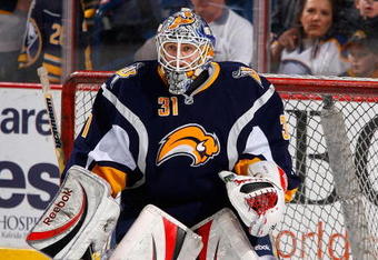 BUFFALO, NY - FEBRUARY 24: Jhonas Enroth #31 of the Buffalo Sabres warms up prior to playing the Anaheim Ducks  on February 24, 2009 at HSBC Arena in Buffalo, New York.  (Photo by Rick Stewart/Getty Images)