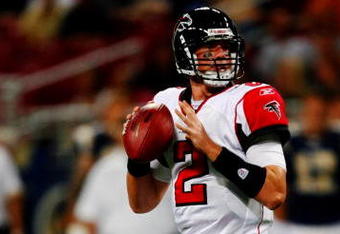 ST. LOUIS, MO - AUGUST 21: Quarterback Matt Ryan #2 of the Atlanta Falcons drops back to pass against the St. Louis Rams during the preseason game at the Edward Jones Dome on August 21, 2009 in St. Louis, Missouri. (Photo by Dilip Vishwanat/Getty Images)