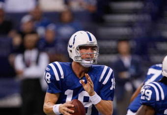 INDIANAPOLIS, IN - AUGUST 20: Quarterback Peyton Manning #18 of the Indianapolis Colts drops back to pass the football against the Philadelphia Eagles at Lucas Oil Stadium on August 20, 2009 in Indianapolis, Indiana. (Photo by Scott Boehm/Getty Images)