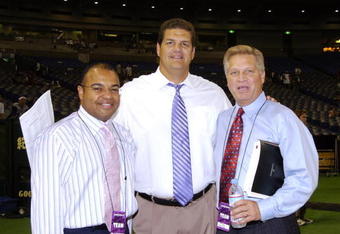 ESPN television crew is set to broadcast  the 2005 American Bowl  Aug. 6    at the Tokyo Dome  in Japan.   Mike Tirico (left), Mike Golic and Chris Mortensen (right) watched the Atlanta   Falcons defeat the Indianapolis  Colts 27 - 21.  (Photo by Al Messerschmidt/Getty Images)