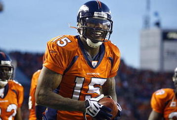 DENVER - DECEMBER 7: Wide reiver Brandon Marshall #15 of the Denver Broncos was all smiles after catching the game winning touchdown against the Kansas City Chiefs during the fourth quarter of week 14 NFL action at Invesco Field at Mile High on December 7, 2008 in Denver, Colorado. Denver beat Kansas City 24-17.(Photo by Marc Piscotty/Getty Images)