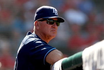 ANAHEIM, CA - AUGUST 12:  Manager Joe Maddon of the Tampa Bay Rays look on during the game with the Los Angeles Angels of Anaheim on August 12, 2009 at Angel Stadium in Anaheim, California.  The Angels won 10-5.  (Photo by Stephen Dunn/Getty Images)