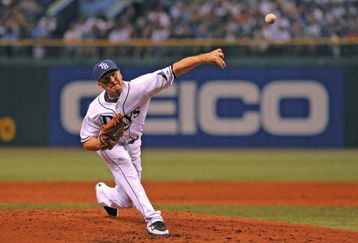 ST. PETERSBURG, FL - APRIL 13: Pitcher Scott Kazmir #19 of the Tampa Bay Rays starts against the New York Yankees on April 13, 2009 at Tropicana Field  in St. Petersburg, Florida.  (Photo by Al Messerschmidt/Getty Images) 