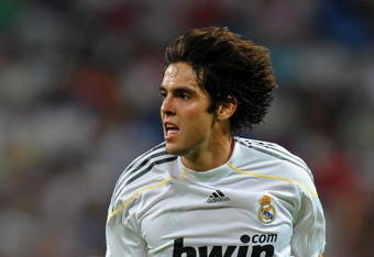 MADRID, SPAIN - AUGUST 24:  Kaka of Real Madrid in action during the Santiago Bernabeu Trophy match between Real Madrid and Rosenborg at the Santiago Bernabeu stadium on August 24, 2009 in Madrid, Spain.  (Photo by Jasper Juinen/Getty Images)