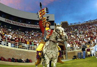 TALLAHASSEE, FL - NOVEMBER 05:  Chief Osceola and his horse Renagade wait on the field as the visiting North Carolina State Wolfpack takes on the Florida State Seminoles at Doak Campbell Stadium on November 5, 2005 in Tallahassee, Florida. NC State defeated Florida State 20-15.  (Photo by Doug Benc/Getty Images)