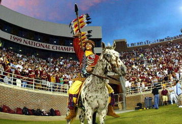 TALLAHASSEE, FL - NOVEMBER 05:  Chief Osceola and his horse Renagade wait on the field as the visiting North Carolina State Wolfpack takes on the Florida State Seminoles at Doak Campbell Stadium on November 5, 2005 in Tallahassee, Florida. NC State defeated Florida State 20-15.  (Photo by Doug Benc/Getty Images)