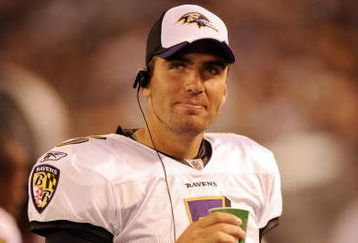 BALTIMORE, MD - AUGUST 13:  Joe Flacco #12 of the Baltimore Ravens looks on during a NFL preseason football game against the Washington Redskins on August 13, 2009 at M & T Bank Stadium in Baltimore, Maryland.   (Photo by Mitchell Layton/Getty Images)