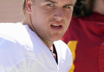 LOS ANGELES, CA - APRIL 25: Quarterback Matt Barkley #7 of the USC Trojans looks on during the spring game on April 25, 2009 at the Los Angeles Memorial Coliseum in Los Angeles, California.  The cardinal team won 16-10.  (Photo by Jeff Golden/Getty Images)