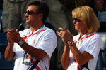 NEW YORK - SEPTEMBER 09:  Srdjan and Dijana Djokovic, the father and mother of Novak Djokovic of Serbia applaud as their son plays against Roger Federer of Switzerland during the Men's Singles Final on day fourteen of the 2007 U.S. Open in Arthur Ashe Stadium at the Billie Jean King National Tennis Center on September 9, 2007 in the Flushing neighborhood of the Queens borough of New York City.  (Photo by Clive Brunskill/Getty Images)
