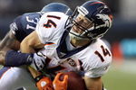 SEATTLE - AUGUST 22: Quarterback Brandon Stokley #14 of the Denver Broncos is sacked during the game against the Seattle Seahawks on August 22, 2009 at Qwest Field in Seattle, Washington. (Photo by Otto Greule Jr/Getty Images)   