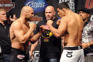 PORTLAND, OR - AUGUST 28: UFC heavyweight fighter Randy Couture squares off with UFC heavyweight fighter Antonio Rodrigo Nogueira at the UFC 102: Couture vs. Nogueira Weigh-In at the Rose Garden Arena on August 28, 2009 in Portland, Oregon. (Photo by Jon Kopaloff/Getty Images)