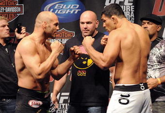 PORTLAND, OR - AUGUST 28: UFC heavyweight fighter Randy Couture squares off with UFC heavyweight fighter Antonio Rodrigo Nogueira at the UFC 102: Couture vs. Nogueira Weigh-In at the Rose Garden Arena on August 28, 2009 in Portland, Oregon. (Photo by Jon Kopaloff/Getty Images)