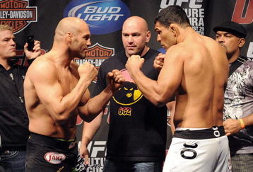 PORTLAND, OR - AUGUST 28: UFC heavyweight fighter Randy Couture squares off with UFC heavyweight fighter Antonio Rodrigo Nogueira at the UFC 102: Couture vs. Nogueira Weigh-In at the Rose Garden Arena on August 28, 2009 in Portland, Oregon. (Photo by Jon Kopaloff/Getty Images)