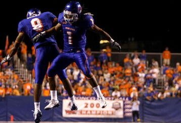 BOISE , ID - SEPTEMBER 13: Kyle Wilson #1 of the Boise State Broncos celebrates with teammate Jeremy Childs #9 after making an interception against the Bowling Green Falcons at Bronco Stadium on September 13, 2008 in Boise, Idaho. (Photo by Jonathan Ferrey/Getty Images)