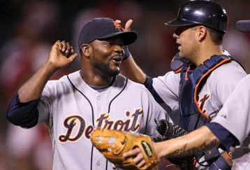 ANAHEIM, CA - AUGUST 24:  Closer Fernanado Rodney #56 and catcher Gerald Laird #8 of the Detroit Tigers celebrate after the game against the Los Angeles Angels of Anaheim on August 24, 2009 at Angel Stadium in Anaheim, California.  Rodney picked up his 27th save as the Tigers won 10-7.   (Photo by Stephen Dunn/Getty Images)