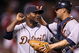 ANAHEIM, CA - AUGUST 24: Closer Fernanado Rodney #56 and catcher Gerald Laird #8 of the Detroit Tigers celebrate after the game against the Los Angeles Angels of Anaheim on August 24, 2009 at Angel Stadium in Anaheim, California. Rodney picked up his 27th save as the Tigers won 10-7. (Photo by Stephen Dunn/Getty Images)