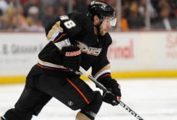 ANAHEIM, CA - MAY 07:  Andrew Ebbett #48 of the Anaheim Ducks skates up ice with the puck in Game Four of the Western Conference Semifinals against the Detroit Red Wings at Honda Center on May 7, 2009 in Anaheim, California.  The Red Wings won 6-3.  (Photo by Harry How/Getty Images)