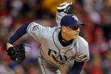 PHILADELPHIA - OCTOBER 27:  Scott Kazmir #19 of the Tampa Bay Rays throws a pitch against the Philadelphia Phillies during game five of the 2008 MLB World Series on October 27, 2008 at Citizens Bank Park in Philadelphia, Pennsylvania.  (Photo by Doug Pensinger/Getty Images)